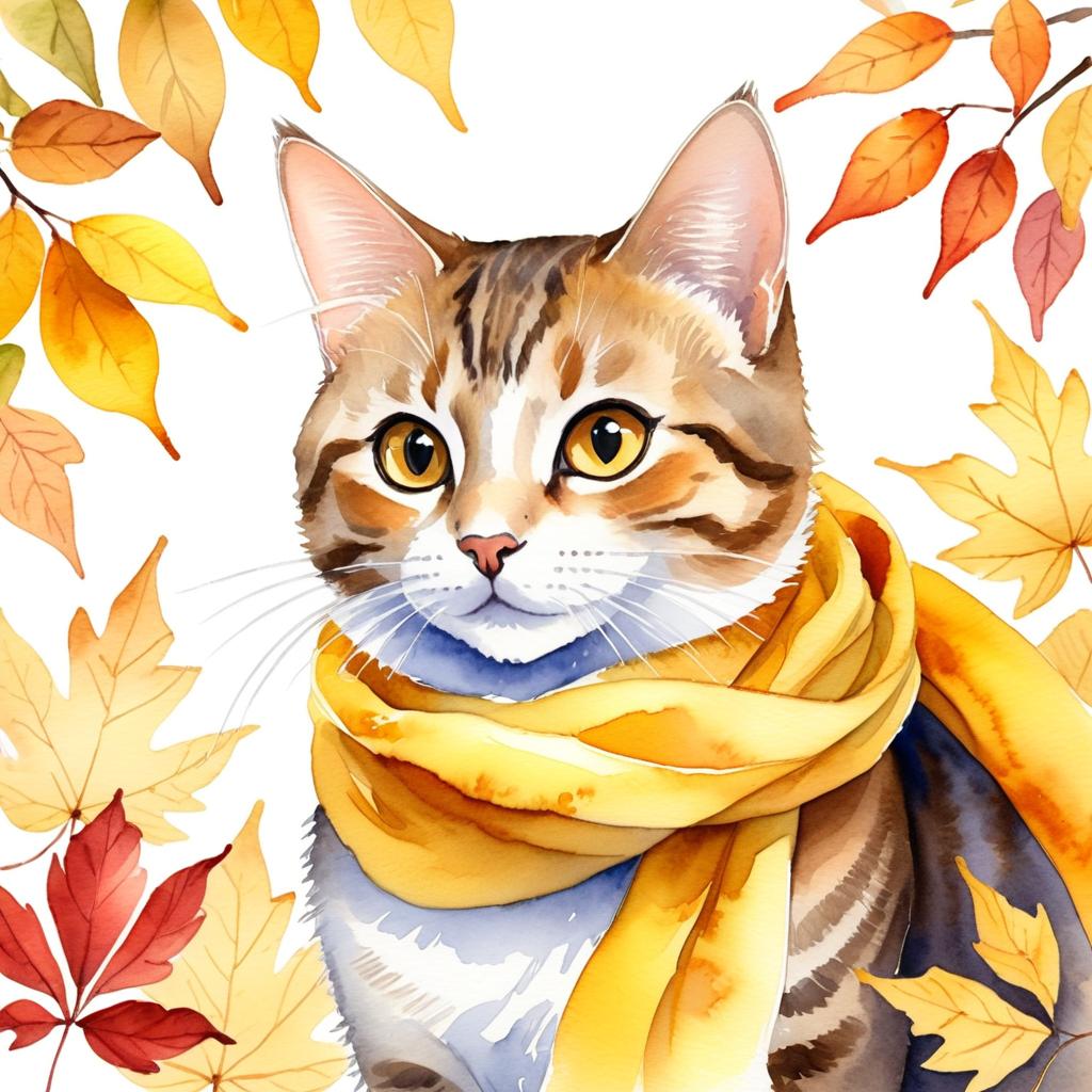 watercolor painting of domestic shorthair cat in autumn, wearing a yellow scarf, vibrant and detailed.