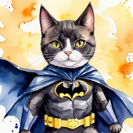 watercolor painting of domestic shorthair cat as batman, wearing batman suit and mask, vibrant and detailed.