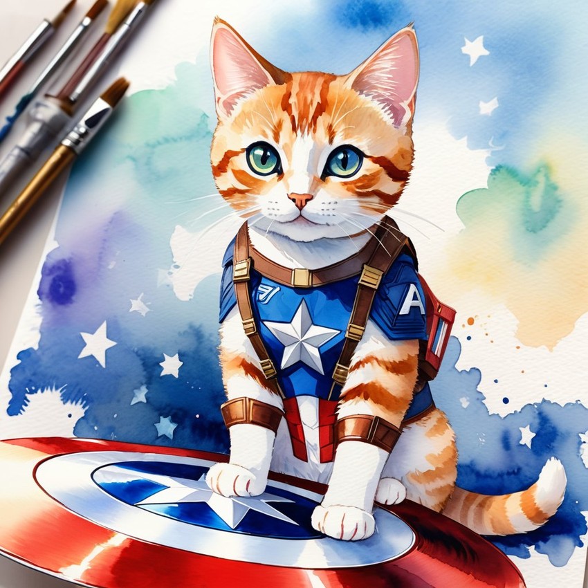 watercolor painting of domestic shorthair cat as captain america from avengers, vibrant and detailed.