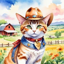 watercolor-domestic-shorthair-cat-cowboy-hat-midwest-countryside-farm-3b41bdacd61a4c3d9e67c5f0c8816a16