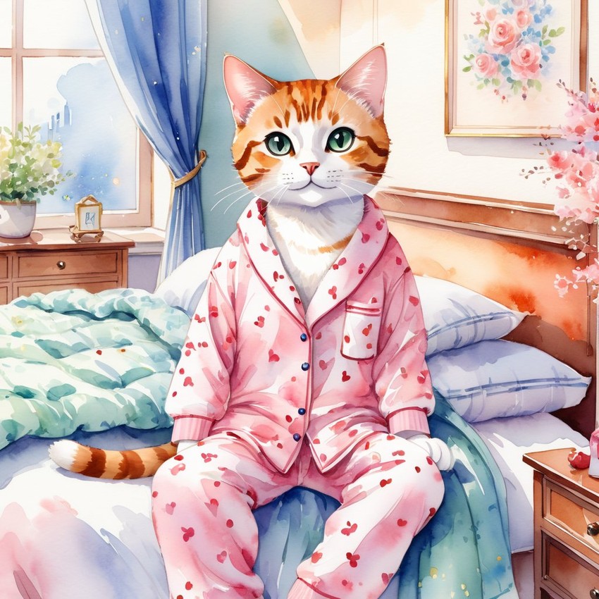 watercolor illustration of domestic shorthair cat in cute pyjamas, relaxing in a posh bedroom, capturing a vibrant and happy scene.