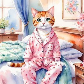 watercolor-domestic-shorthair-cat-cute-pyjamas-relaxing-posh-bedroom-6998a2ea8c1e421e824385a5c20fd59f