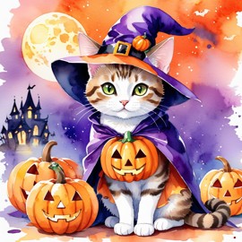 watercolor illustration of domestic shorthair cat in a halloween costume with a vibrant and festive atmosphere surrounded by pumpkins.