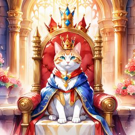 watercolor-domestic-shorthair-cat-king-magical-castle-crown-robe-throne-33133887e2204170b9b906fea850e4a5