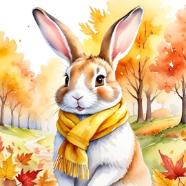 watercolor painting of dutch rabbit in autumn, wearing a yellow scarf, vibrant and detailed.