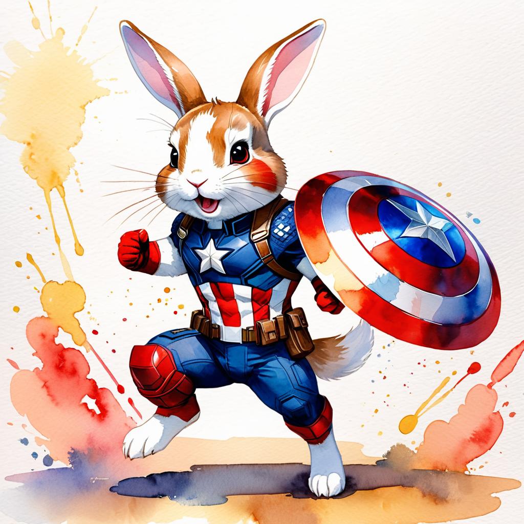 watercolor painting of dutch rabbit as captain america from avengers, vibrant and detailed.