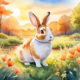 watercolor painting of dutch rabbit in golden hour light, showcasing vibrant colors and a happy nature scene in a highly detailed illustration.