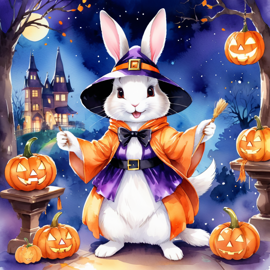 watercolor illustration of dutch rabbit in a halloween costume with a vibrant and festive atmosphere surrounded by pumpkins.