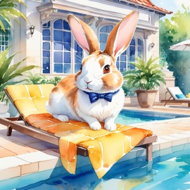 watercolor illustration of dutch rabbit suntanning next to a luxurious villa pool, capturing a posh and vibrant scene.