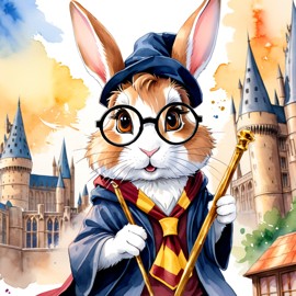 watercolor painting of dutch rabbit as harry potter, complete with glasses and hogwarts backdrop, highlighting a vibrant and magical scene.