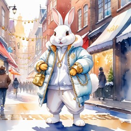 watercolor painting of dutch rabbit in a white puffer coat with golden hip hop chains, set in a posh urban environment.