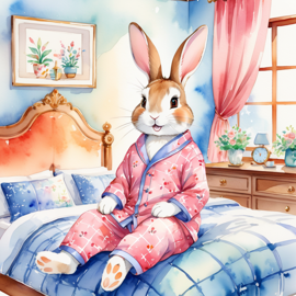 watercolor illustration of dutch rabbit in cute pyjamas, relaxing in a posh bedroom, capturing a vibrant and happy scene.