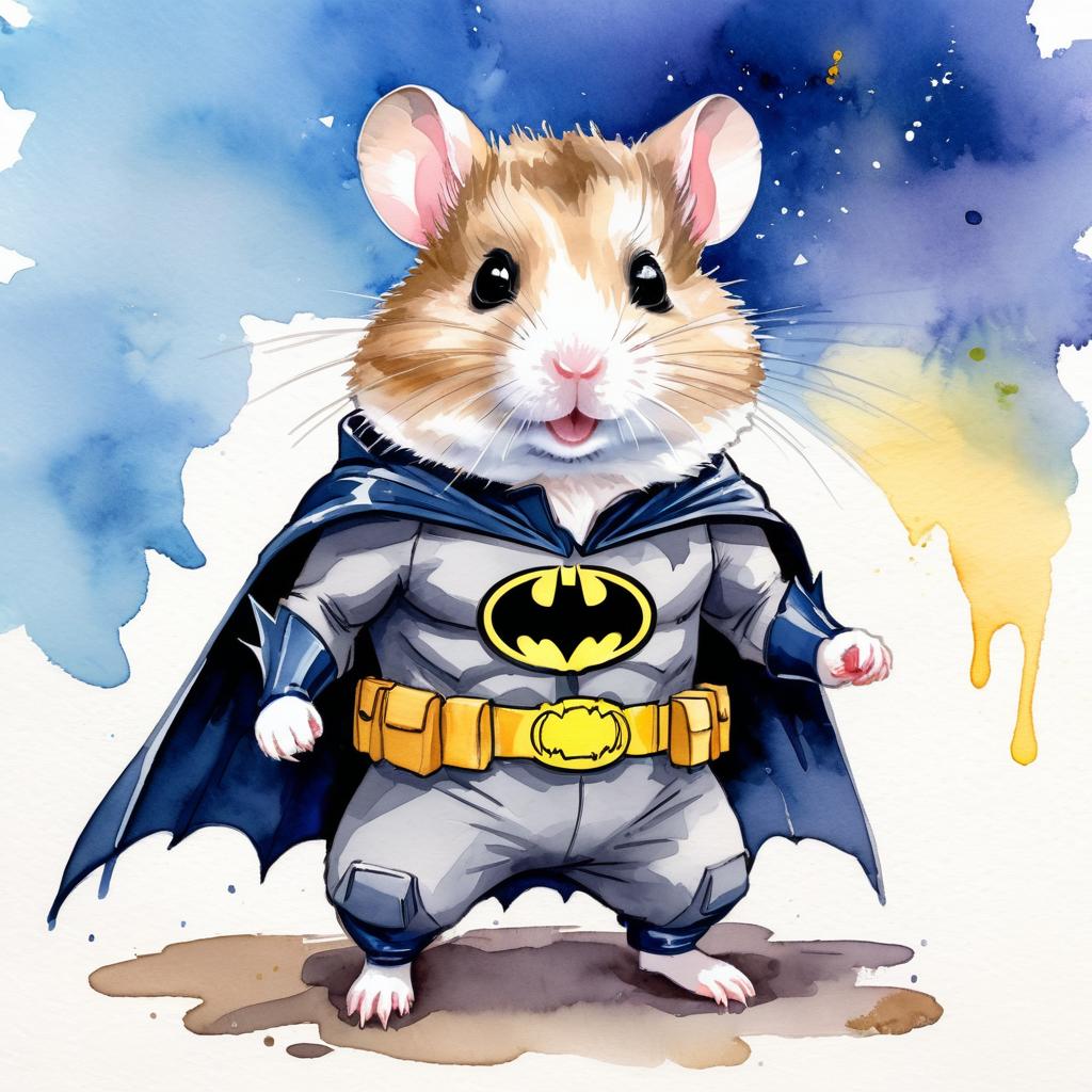 watercolor painting of dwarf campbell russian hamster as batman, wearing batman suit and mask, vibrant and detailed.