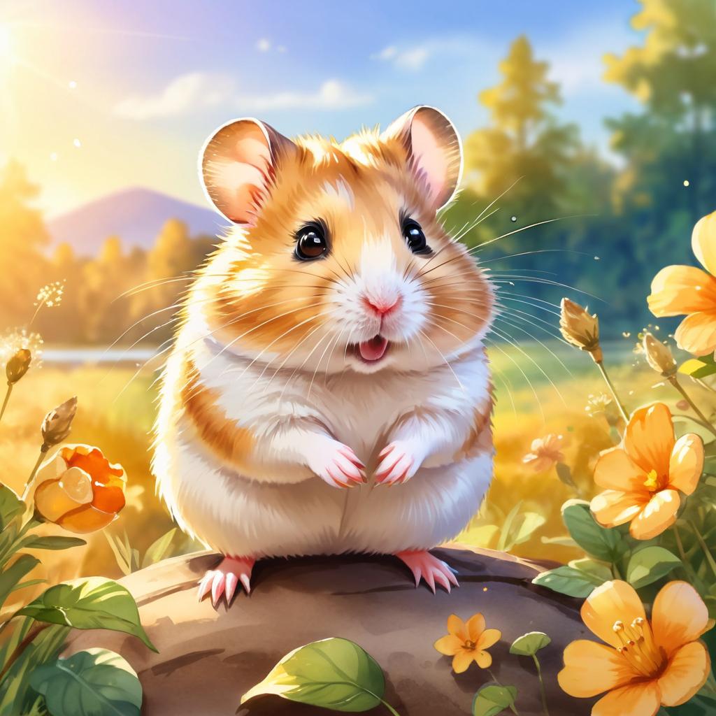 watercolor painting of dwarf campbell russian hamster in golden hour light, showcasing vibrant colors and a happy nature scene in a highly detailed illustration.