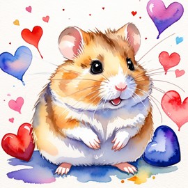 watercolor painting of dwarf campbell russian hamster with hearts, capturing a lovely, cute, and happy expression in vibrant, detailed style.