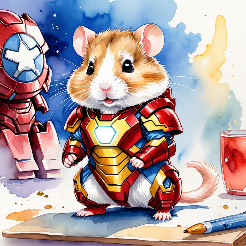 watercolor painting of dwarf campbell russian hamster as iron man, featuring a vibrant and detailed iron man costume in an artistic style.