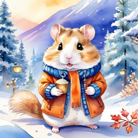 watercolor painting of dwarf campbell russian hamster in a beautiful winter scene, wearing stylish winter clothing, looking cute and happy.