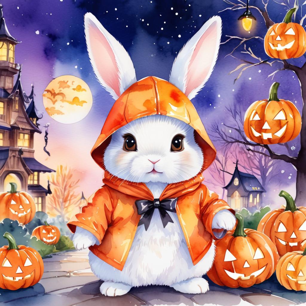 watercolor illustration of netherland dwarf rabbit in a halloween costume with a vibrant and festive atmosphere surrounded by pumpkins.