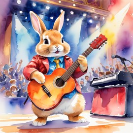 netherland dwarf rabbit as a musician in a watercolor painting, playing guitar in a vibrant and detailed concert hall scene.