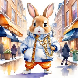 watercolor painting of netherland dwarf rabbit in a white puffer coat with golden hip hop chains, set in a posh urban environment.