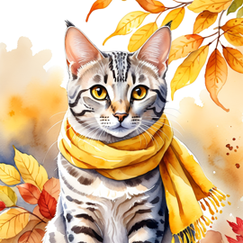 watercolor painting of egyptian mau cat in autumn, wearing a yellow scarf, vibrant and detailed.