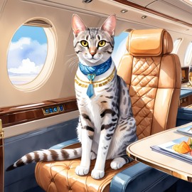 watercolor illustration of egyptian mau cat in a gulfstream private jet, dressed in elegant clothing, capturing a posh and vibrant scene.