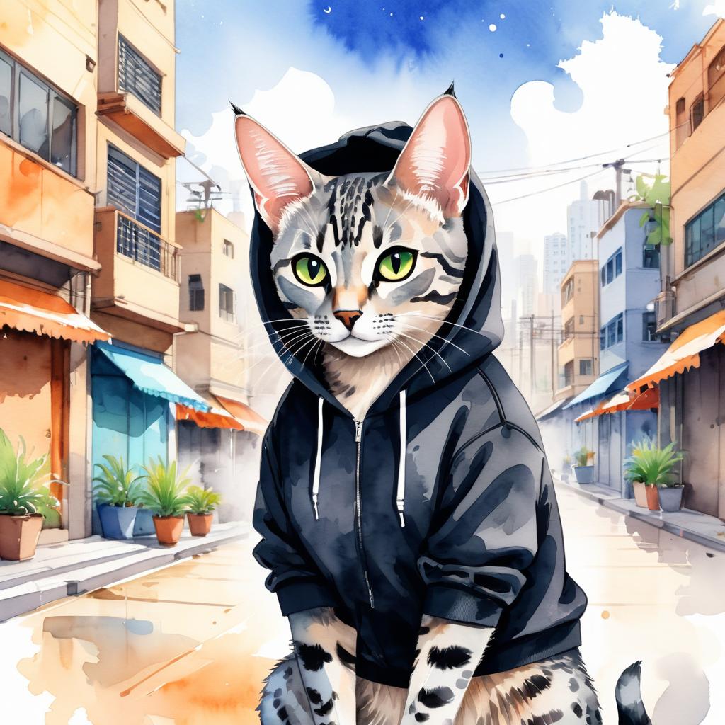 watercolor painting of egyptian mau cat in a black hoodie, showcasing a vibrant urban environment with a cute and happy appearance.