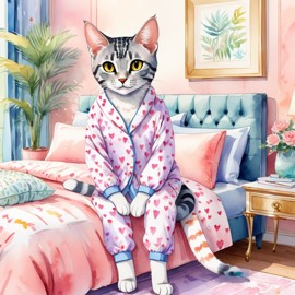 watercolor illustration of egyptian mau cat in cute pyjamas, relaxing in a posh bedroom, capturing a vibrant and happy scene.