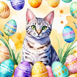 watercolor painting of egyptian mau cat in a vibrant easter scene with colorful eggs, highly detailed and joyful.