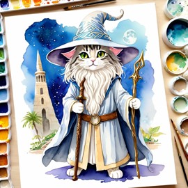 watercolor painting of egyptian mau cat as gandalf, featuring a white beard and a vibrant fantasy setting.