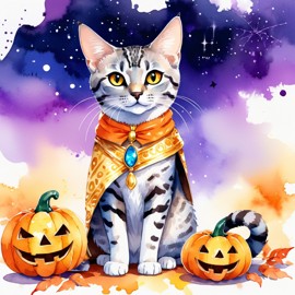 watercolor illustration of egyptian mau cat in a halloween costume with a vibrant and festive atmosphere surrounded by pumpkins.