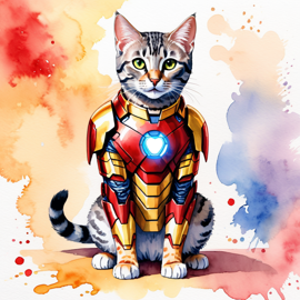 watercolor painting of egyptian mau cat as iron man, featuring a vibrant and detailed iron man costume in an artistic style.