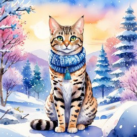 watercolor painting of egyptian mau cat in a beautiful winter scene, wearing stylish winter clothing, looking cute and happy.