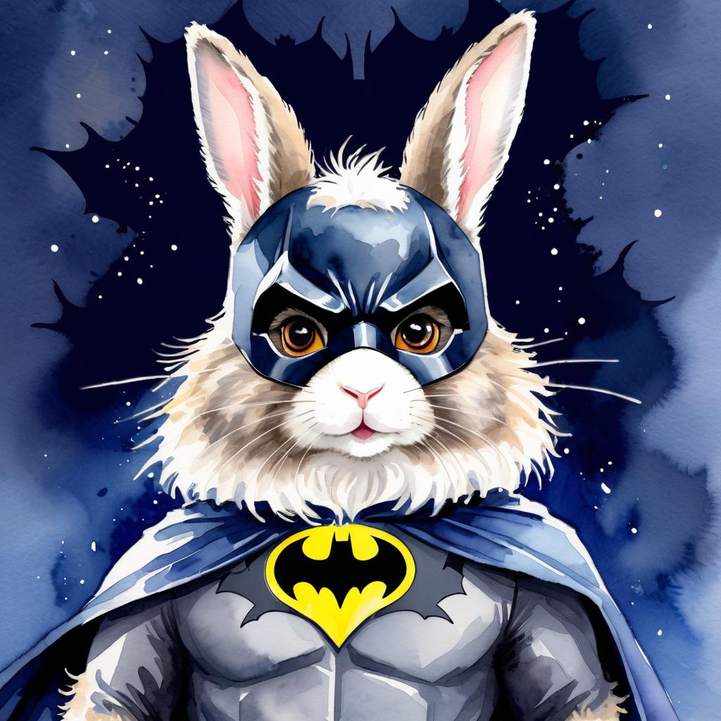 watercolor painting of english angora rabbit as batman, wearing batman suit and mask, vibrant and detailed.