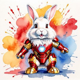 watercolor painting of english angora rabbit as iron man, featuring a vibrant and detailed iron man costume in an artistic style.