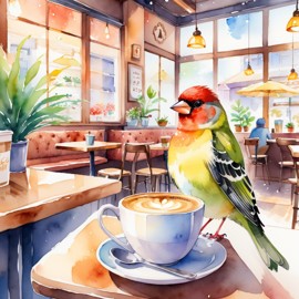 watercolor painting of finch bird sitting in a cozy coffee shop, vibrant and detailed.