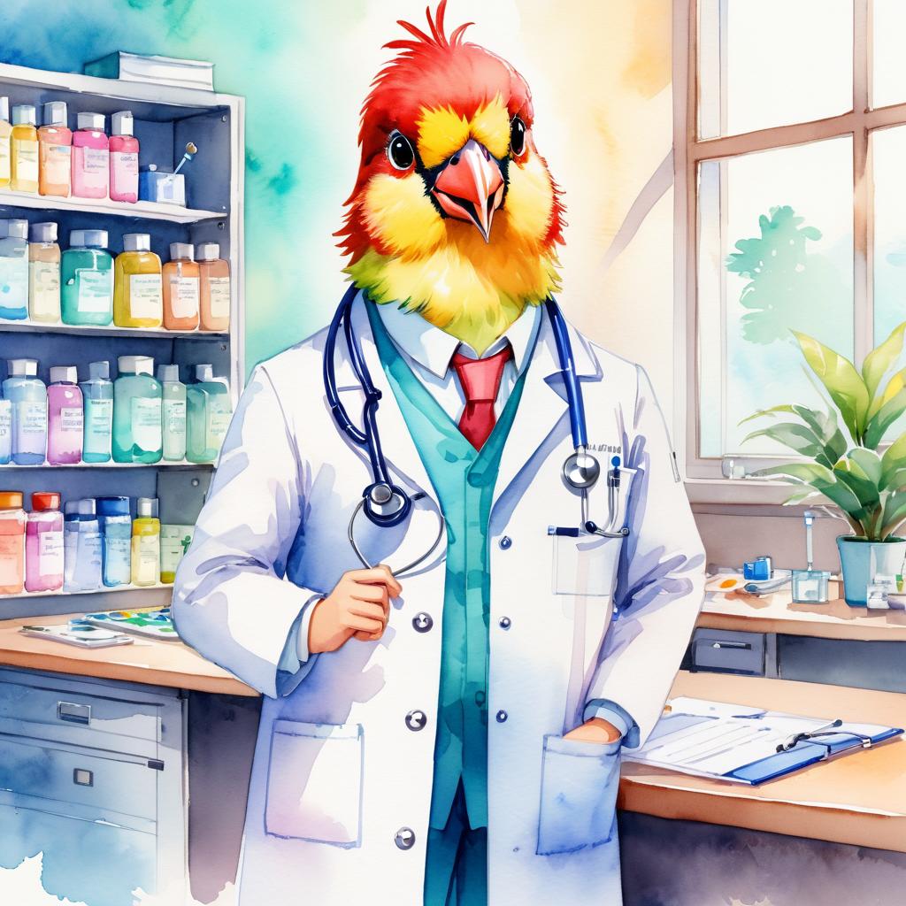 watercolor painting of finch bird as a doctor in a hospital, vibrant and highly detailed, in a studio anime style.