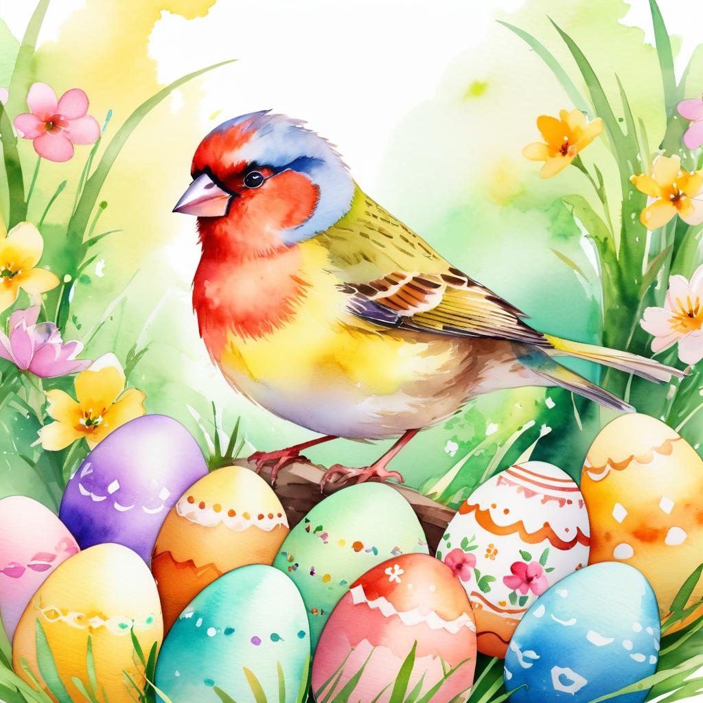 watercolor painting of finch bird in a vibrant easter scene with colorful eggs, highly detailed and joyful.