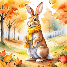 watercolor painting of flemish giant rabbit in autumn, wearing a yellow scarf, vibrant and detailed.