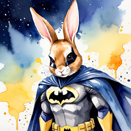 watercolor painting of flemish giant rabbit as batman, wearing batman suit and mask, vibrant and detailed.