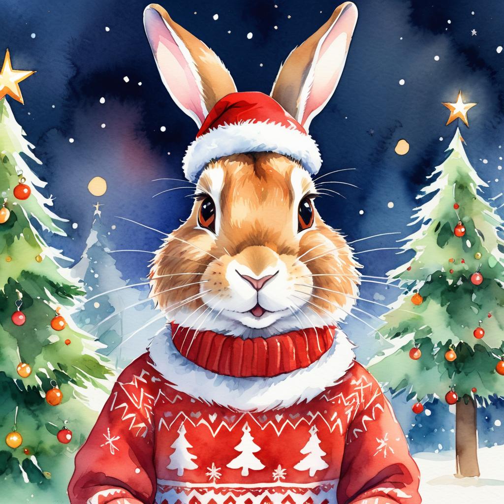 watercolor painting of flemish giant rabbit in a christmas sweater and santa hat, festive and vibrant.