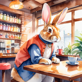 watercolor painting of flemish giant rabbit sitting in a cozy coffee shop, vibrant and detailed.