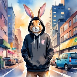 watercolor painting of flemish giant rabbit in a black hoodie, showcasing a vibrant urban environment with a cute and happy appearance.