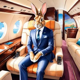 watercolor illustration of flemish giant rabbit in a gulfstream private jet, dressed in elegant clothing, capturing a posh and vibrant scene.