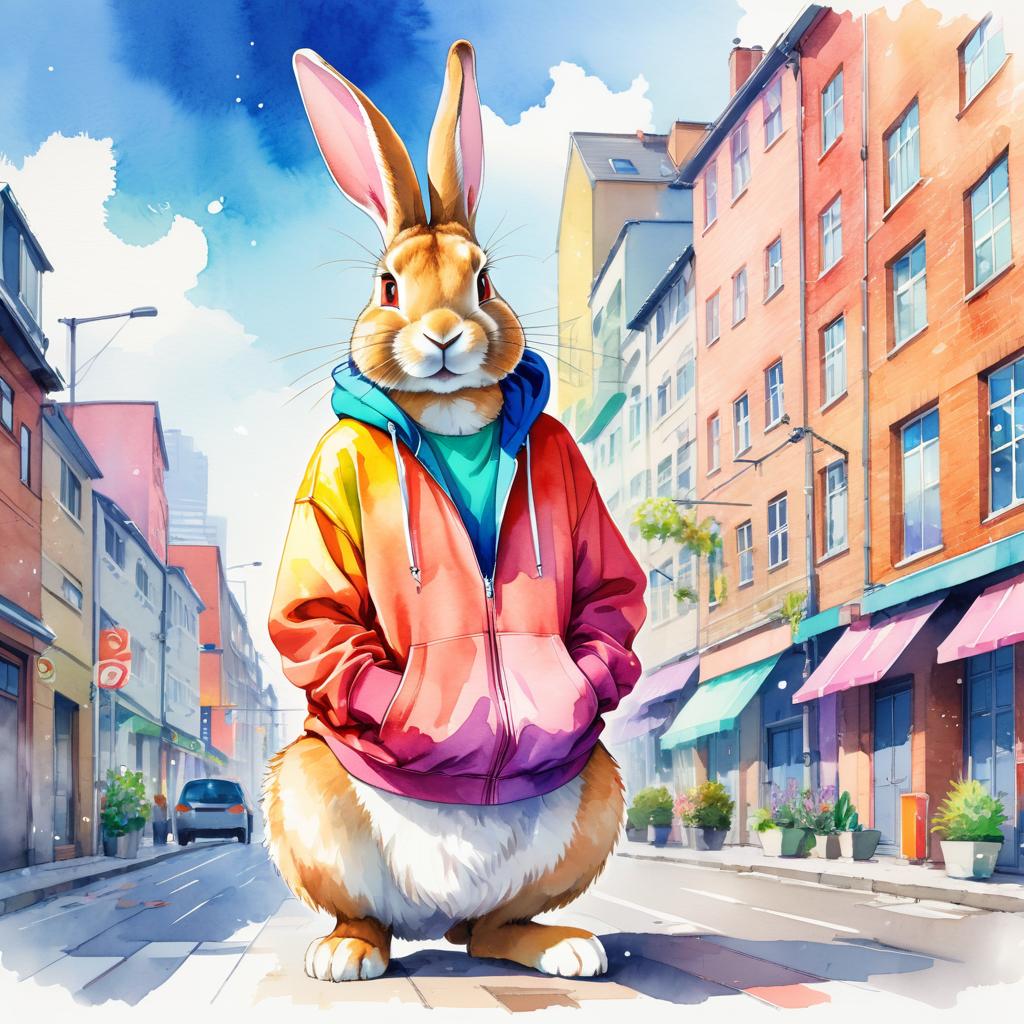 watercolor painting of flemish giant rabbit in a colorful hoodie, set in a vibrant urban setting, capturing a detailed and happy mood.