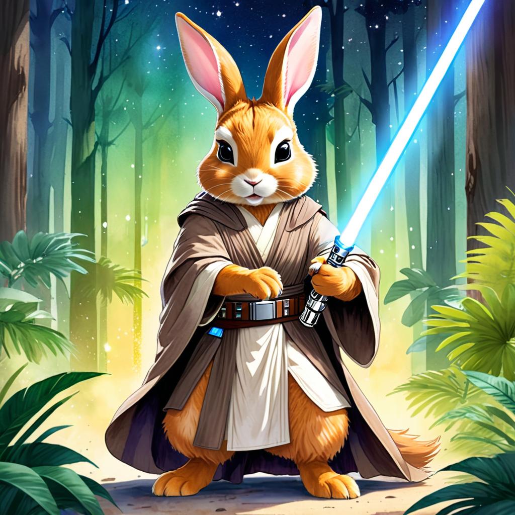 watercolor painting of flemish giant rabbit as a jedi knight, holding a lightsaber with a star wars backdrop in a vibrant, detailed style.