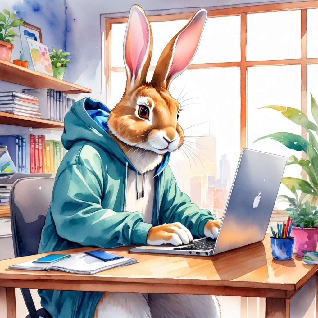 watercolor illustration of flemish giant rabbit as a programmer, working on a laptop in a hoodie, capturing a cute and vibrant scene.