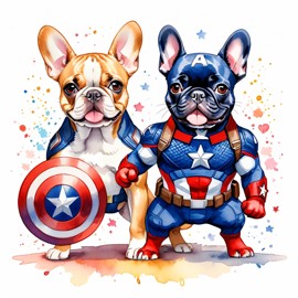 watercolor painting of french bulldog as captain america from avengers, vibrant and detailed.