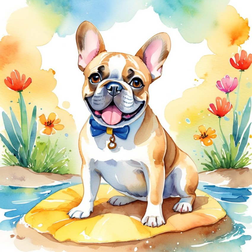 watercolor illustration of french bulldog in children's book style, vibrant and detailed, drawn by don freedman.