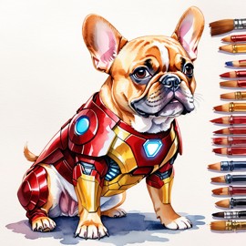 watercolor painting of french bulldog as iron man, featuring a vibrant and detailed iron man costume in an artistic style.